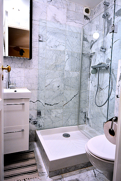 The apartment has 2 bathrooms. This one has a shower but no tub.