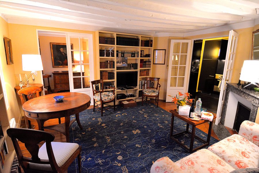 The large, flat-screen TV is appropriately outgunned by massed bookshelves.