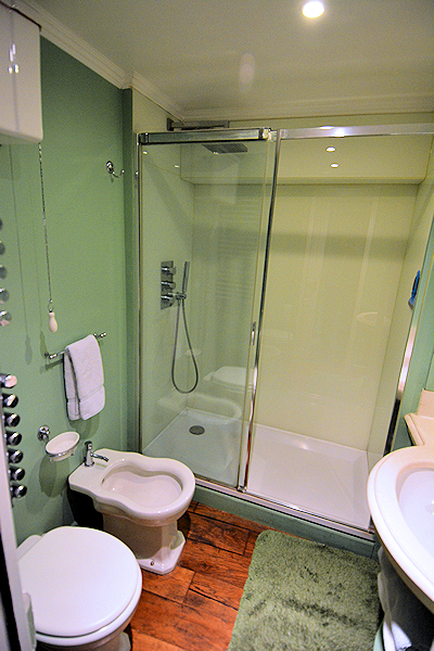 Toilet, bidet, sink, heated towel rack, and large shower.