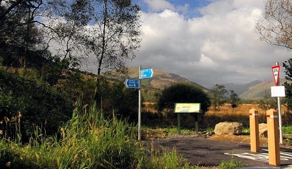 The Rob Roy Way walking path shares its right-of-way with National Route 7 Cycling Trail as the trail passes Balquhidder Glen.