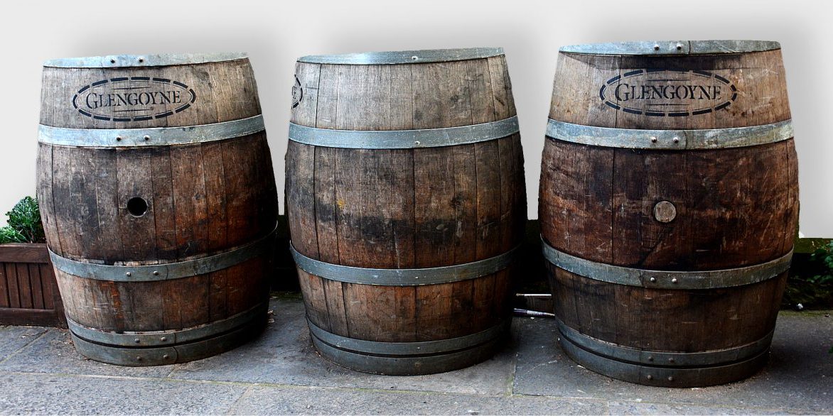 Edinburgh - Glengoyne whisky barrels - cutout shadowed - 121218-9173 - 2000x976 72dpi - Photo copyright Home At First Edinburgh: Glengoyne whisky barrels — sadly empty.