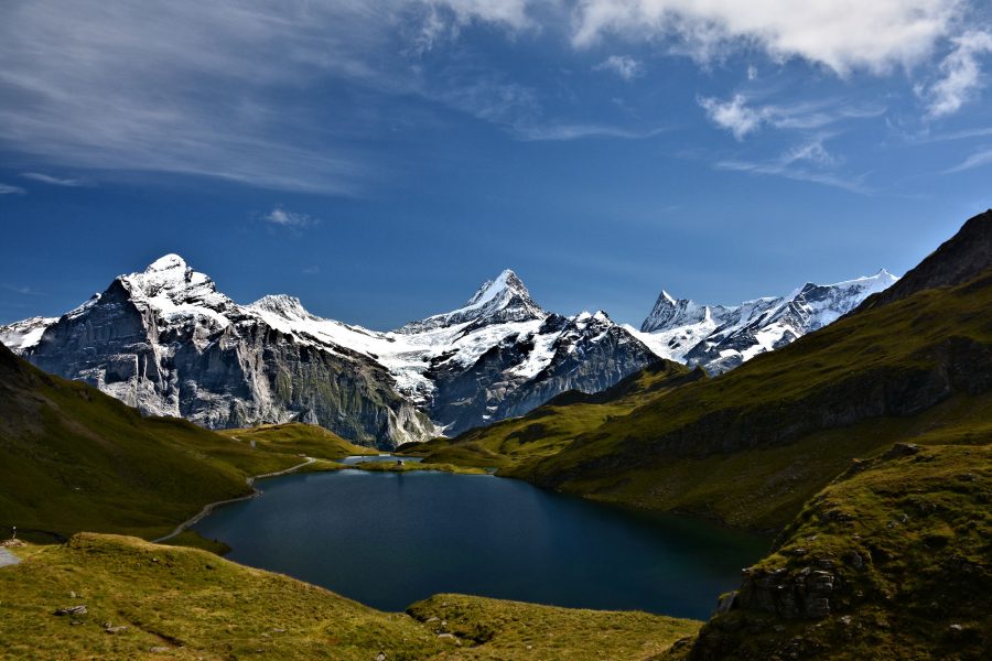 THE BERNESE OBERLAND: Alpine panorama from Bachalpsee lake above Grindelwald.