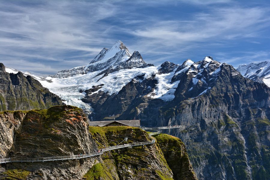 THE BERNESE OBERLAND - The daring Cliff Walk at First above Grindelwald with the Schreckhorn peaks tests the courage of tourists from around the world.