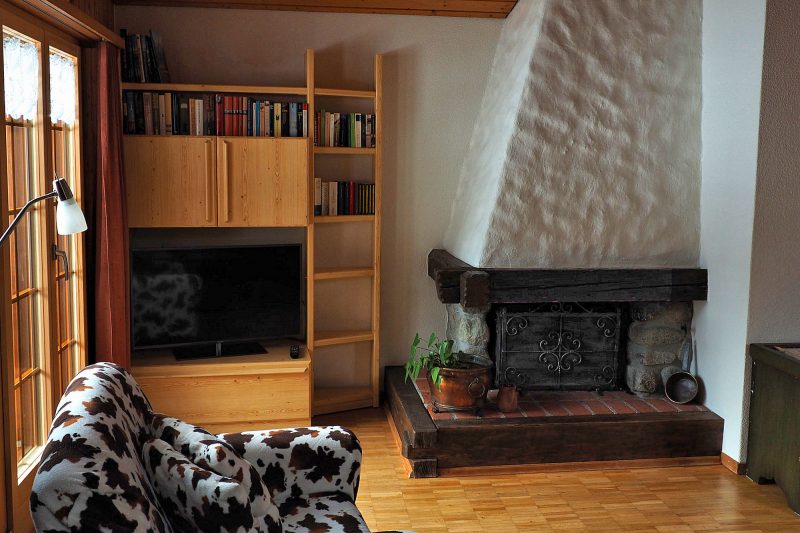Chalet Altels - East Apt - living room w. fireplace