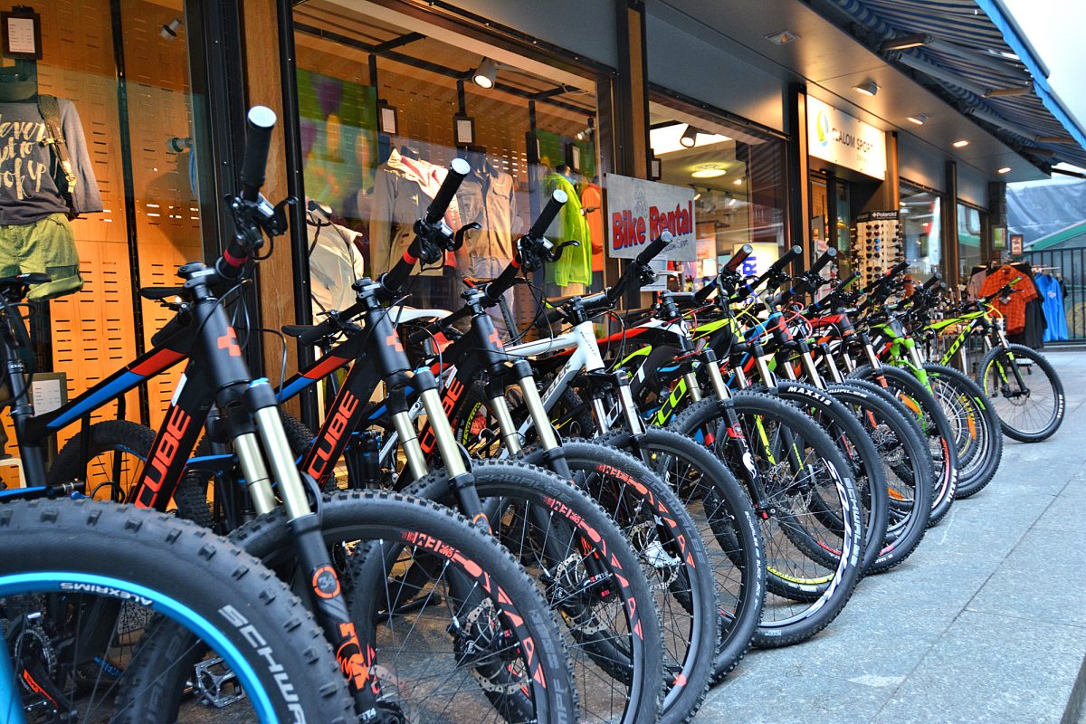 Mountainbikes for rent at Zermatt sport shop.