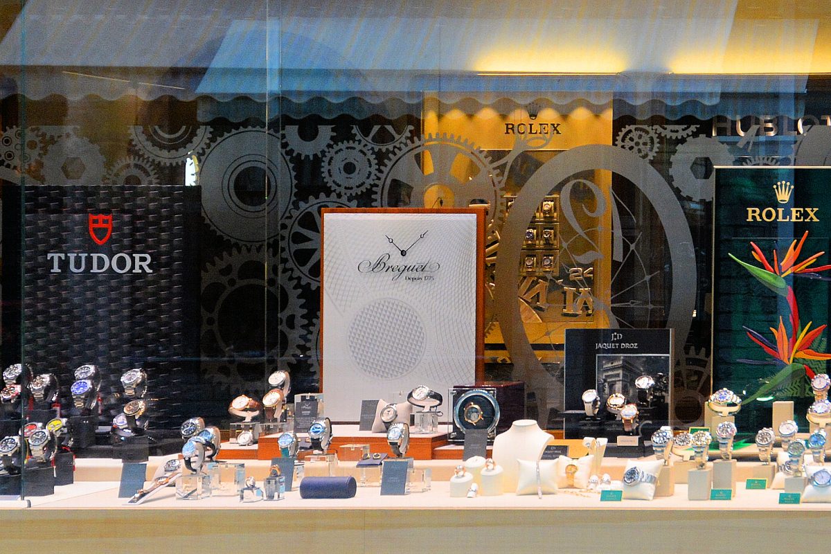 Swiss watches on display along the Bahnhofstrasse.
