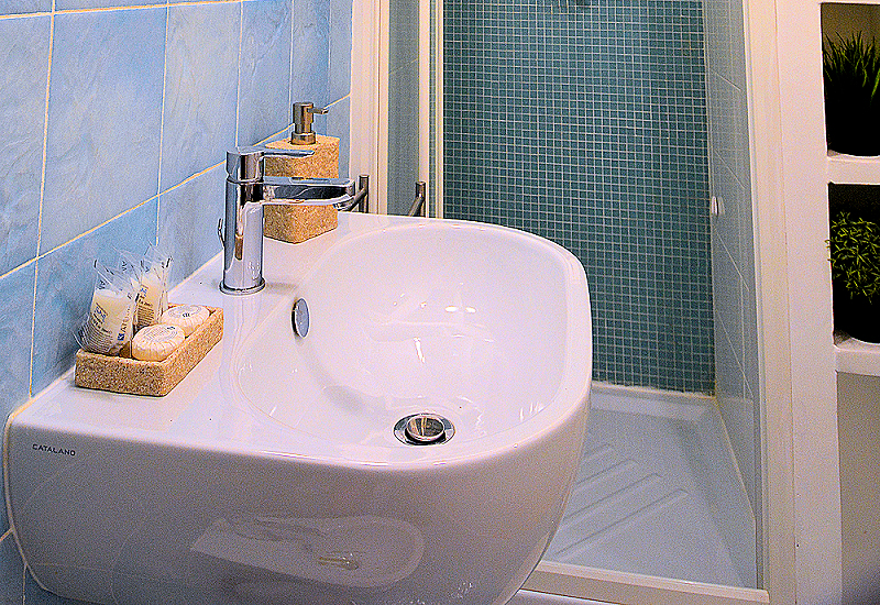 The attractive enclosed, tiled shower is a feature of the Pantheon Apartment.
