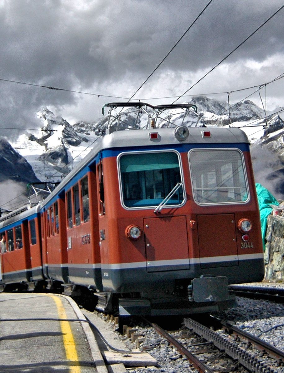 Train arriving at Gornergrat (10,000') after ascending 30 minutes from Zermatt.