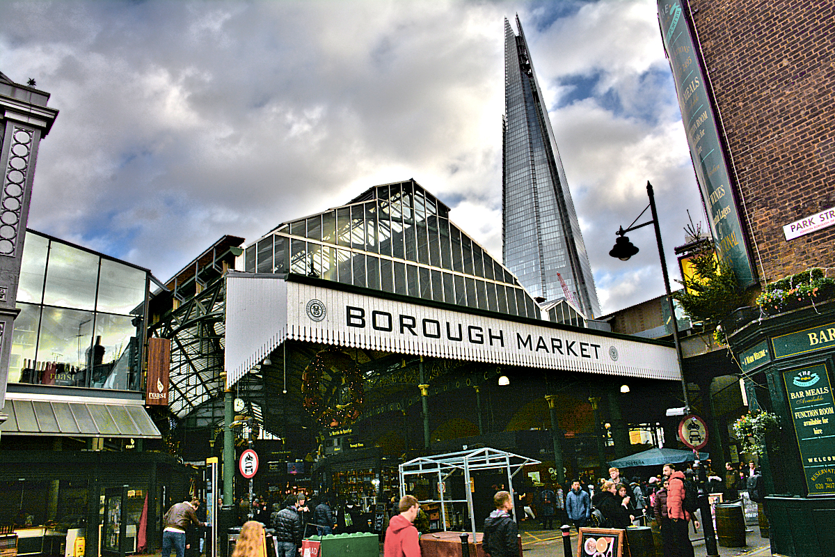 Historic Borough Market — western entry between Bankside and The Shard super skyscraper.