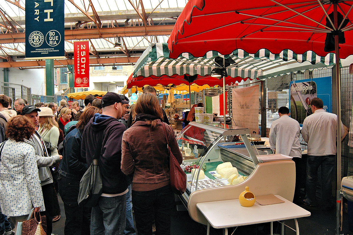 Borough Market - crowded stalls at noon.