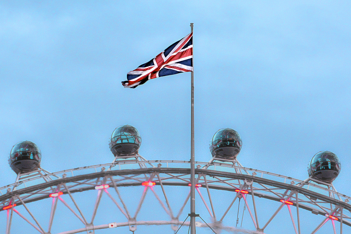 The Union Flag of the United Kingdom — usually called the Union Jack — flying above the London Eye.