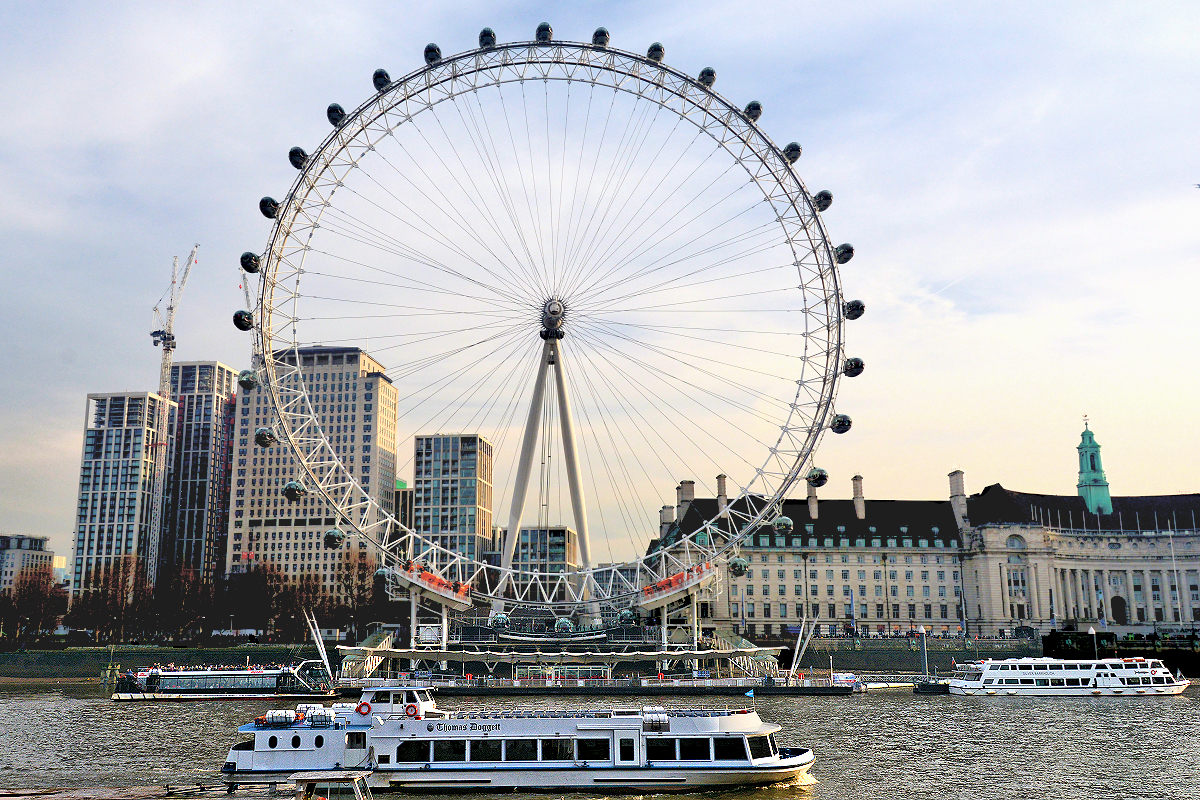 The London Eye midway between Hungerford & Golden Jubilee Bridges and Westminster Bridge.