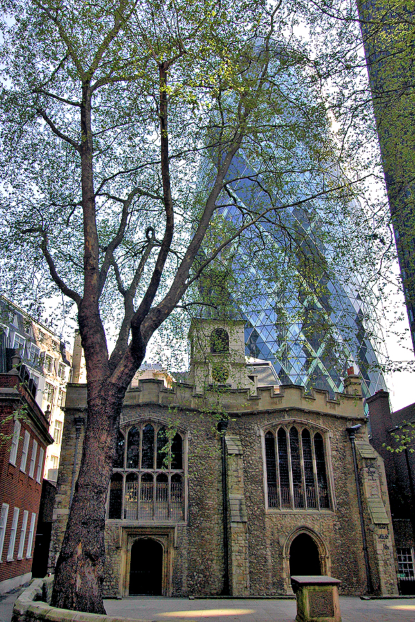 London Old & New: medieval St. Helen's Bishopgate Church with the Gherkin. William Shakespeare may have lived in a house by this church.
