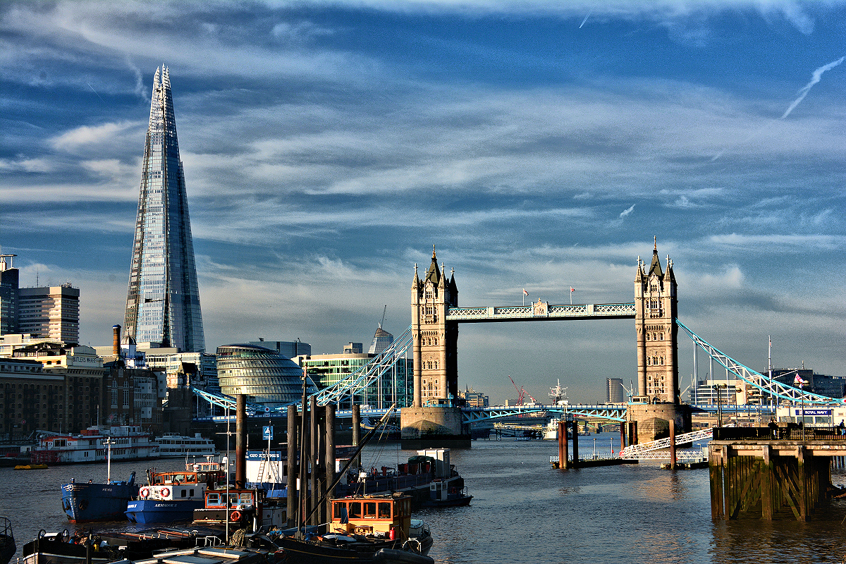 The Pool of London viewed from Wapping with The Shard, London City Hall, & Tower Bridge.