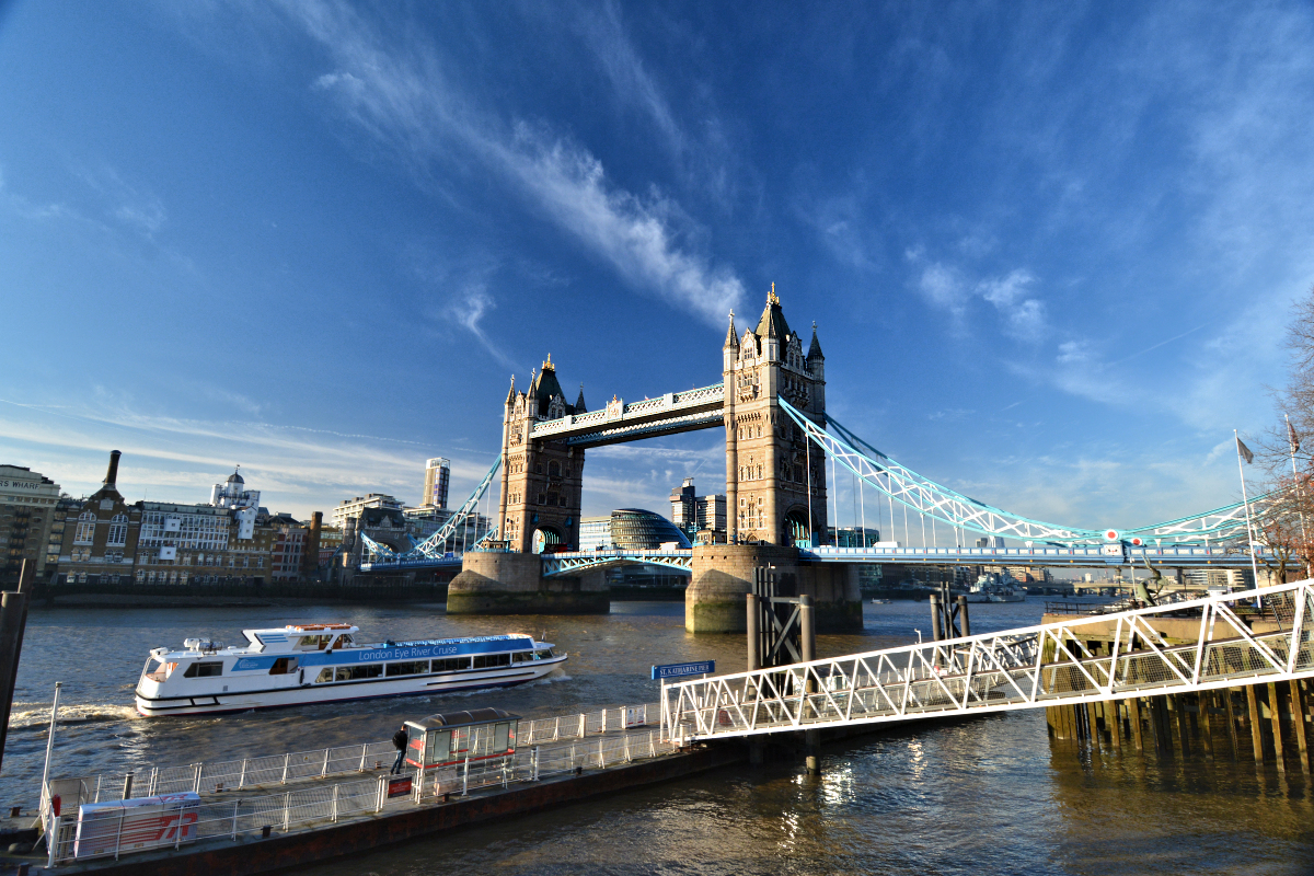 Thames riverboats operate between Greenwich & Putney. This stop: St. Katharine's Pier.