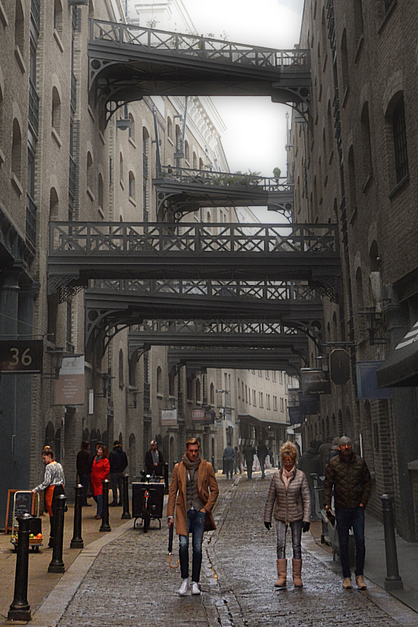 London Old & New: Shad Thames, Bermondsey. Vestige of Charles Dickens's London. These former warehouses now house fine restaurants, and exclusive offices & apartments.