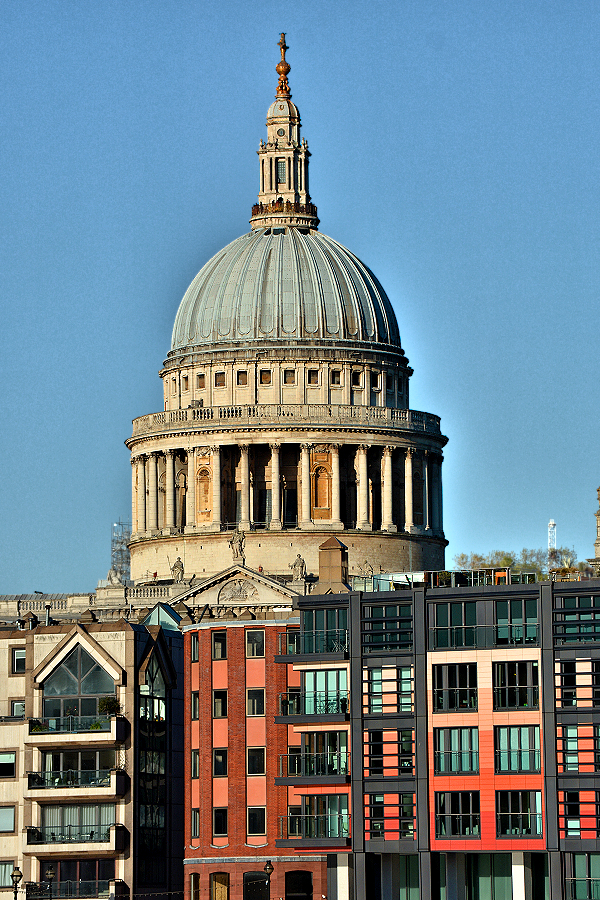 London Old & New: St. Paul's Cathedral dome above North Bank apartment blocks.