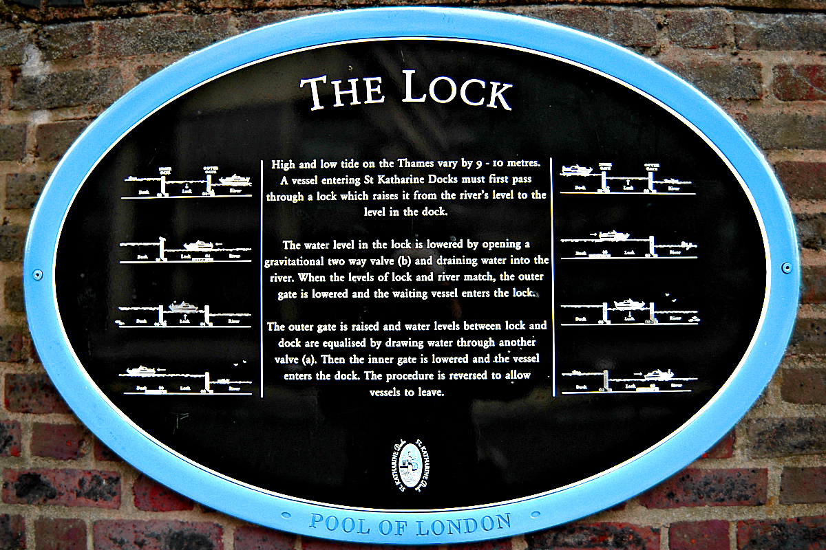"The Lock" historic marker, showing how boats gain access to St. Katharine's Marina from the Thames.