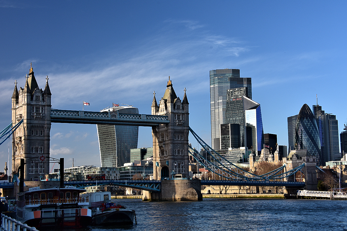 Tower Bridge and City of London skyscrapers viewed from Shad Thames riverside, Bermondsey.