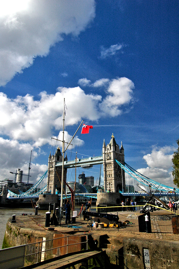 St. Katharine's Dock: Tower Bridge as viewed from the Thames entry lock to St. Katharine's Docks.