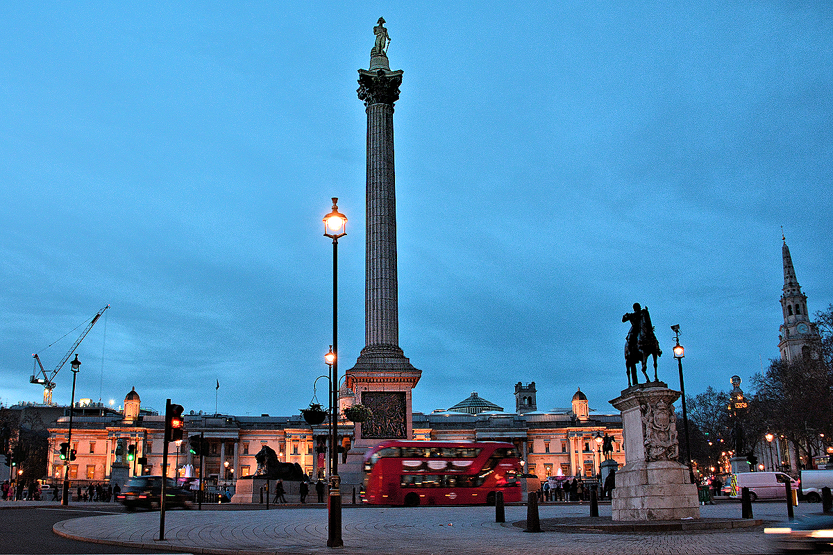 Nelson's Column in Trafalgar Square, Westminster, celebrates English naval hero Horatio Nelson.