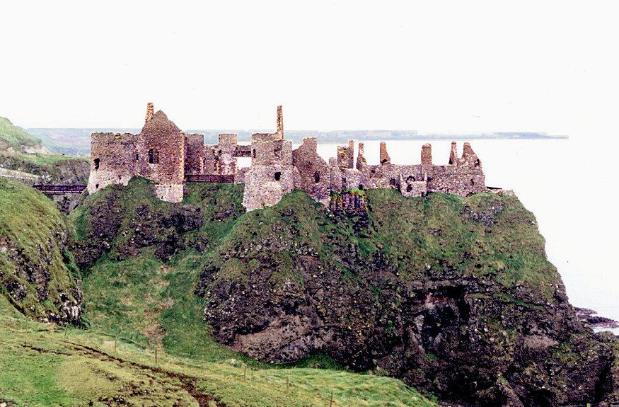 The spooky ruins of Dunluce Castle on a crag along Northern Ireland's Antrim coast.