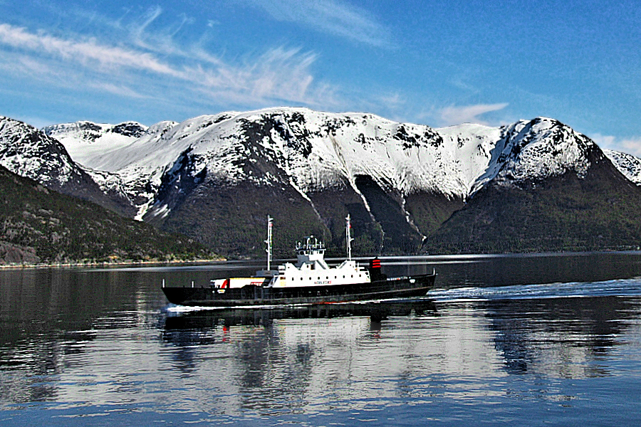 Hardanger Fjord: car ferry in mid-fjord. Photo © Home At First.