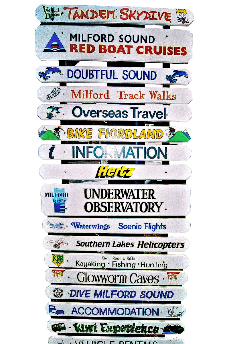 Fiordland - Activities signpost in Te Anau. Photo © Home At First.