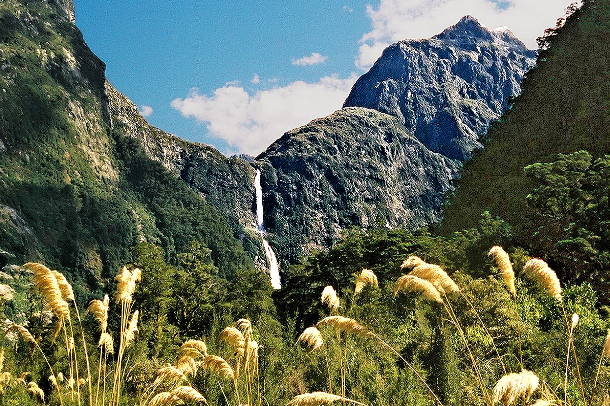 Fiordland: Sutherland Falls at nearly 2,000' is a significant landmark along the Milford Track. Photo © Home At First.