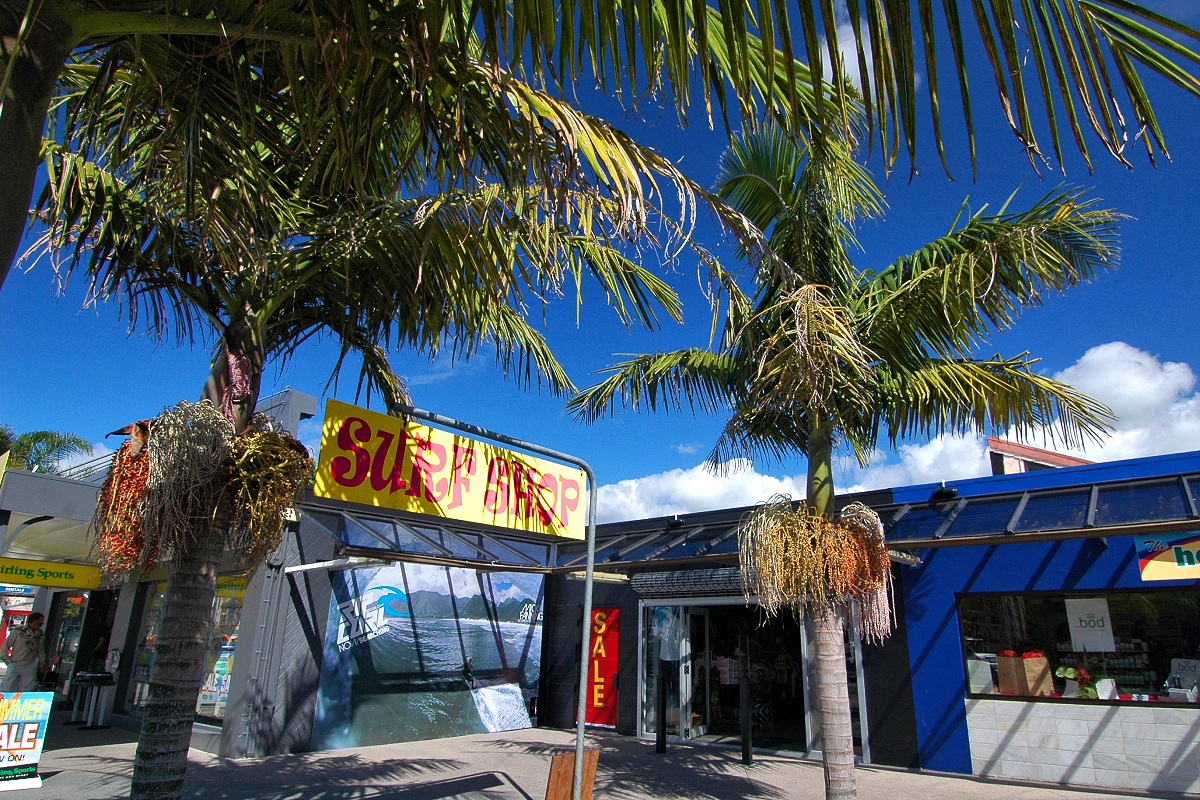 North Island: Kerikeri - Surf Shop with palm trees. Photo © Home At First.
