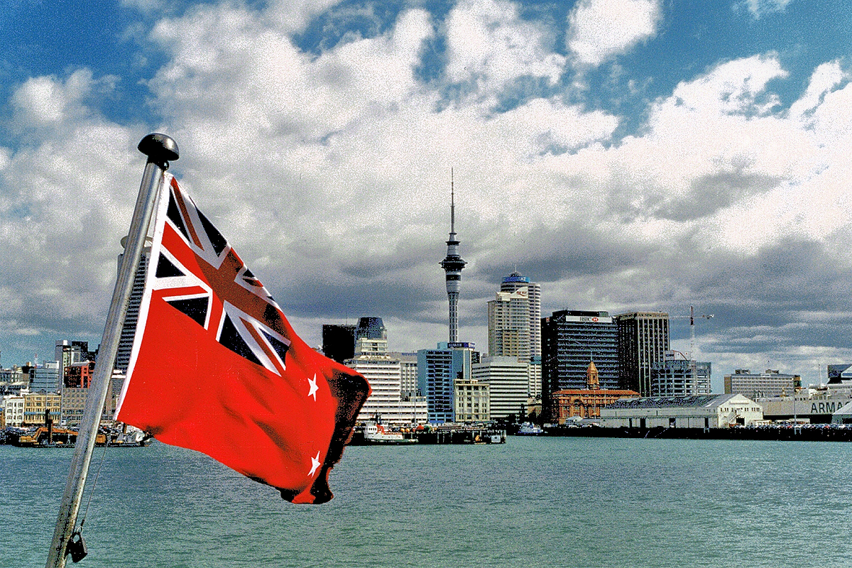 Auckland: Waitemata Harbour with NZ sailing flag. Photo © Home At First.