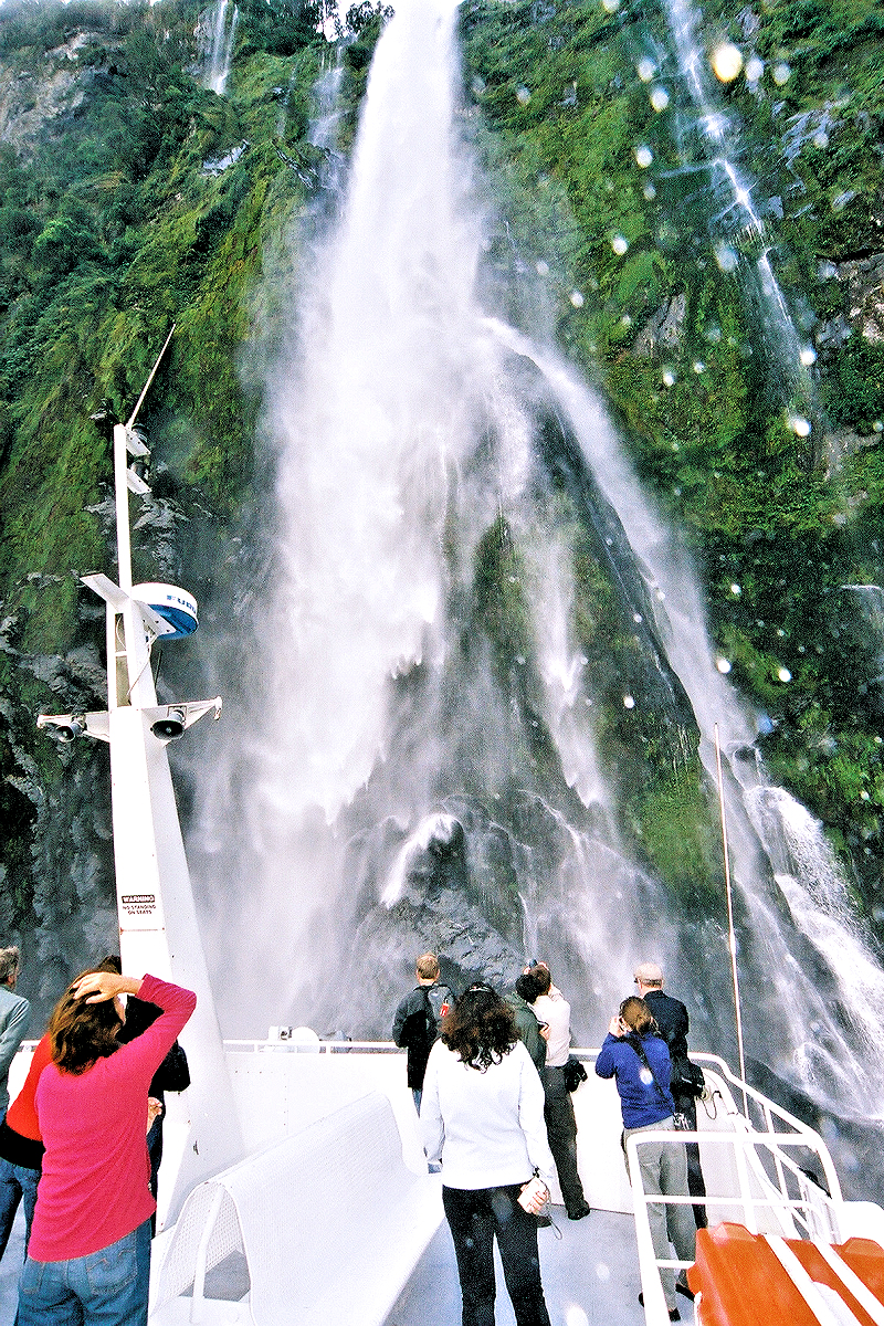 South Island: Fiordland — Stirling Falls by boat. Photo © Home At First.
