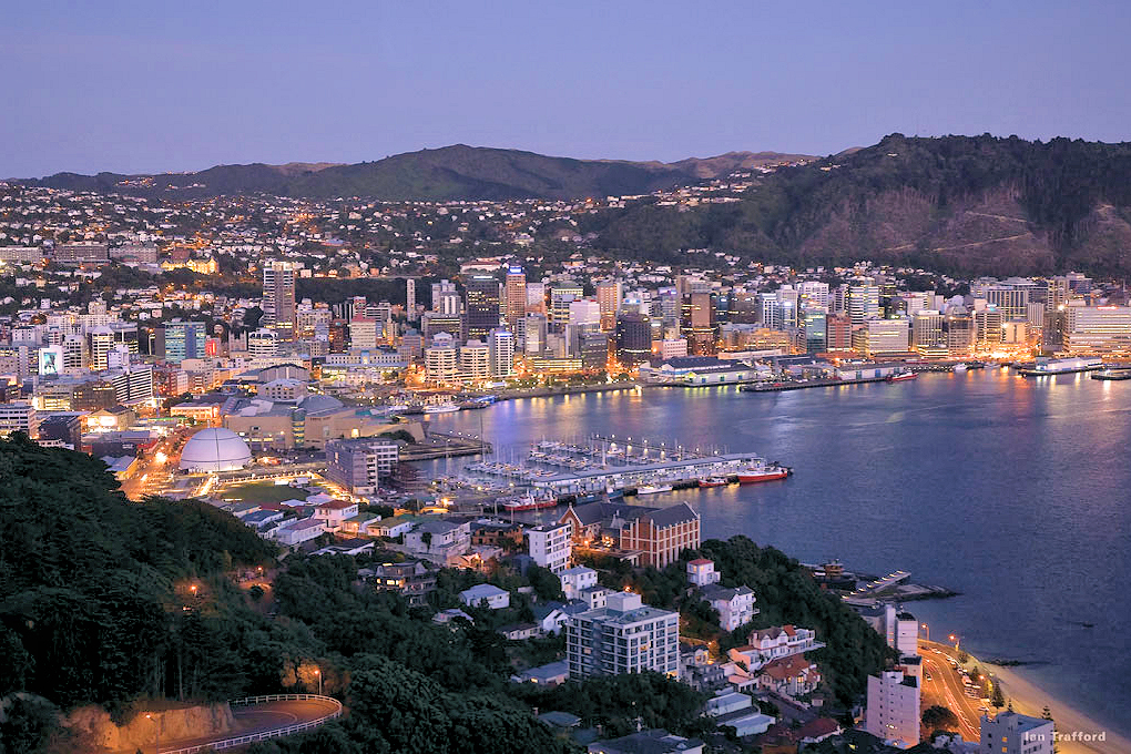 Wellington: City view at Dusk from Mt. Victoria. Photo by Ian Trafford Tourism New Zealand.