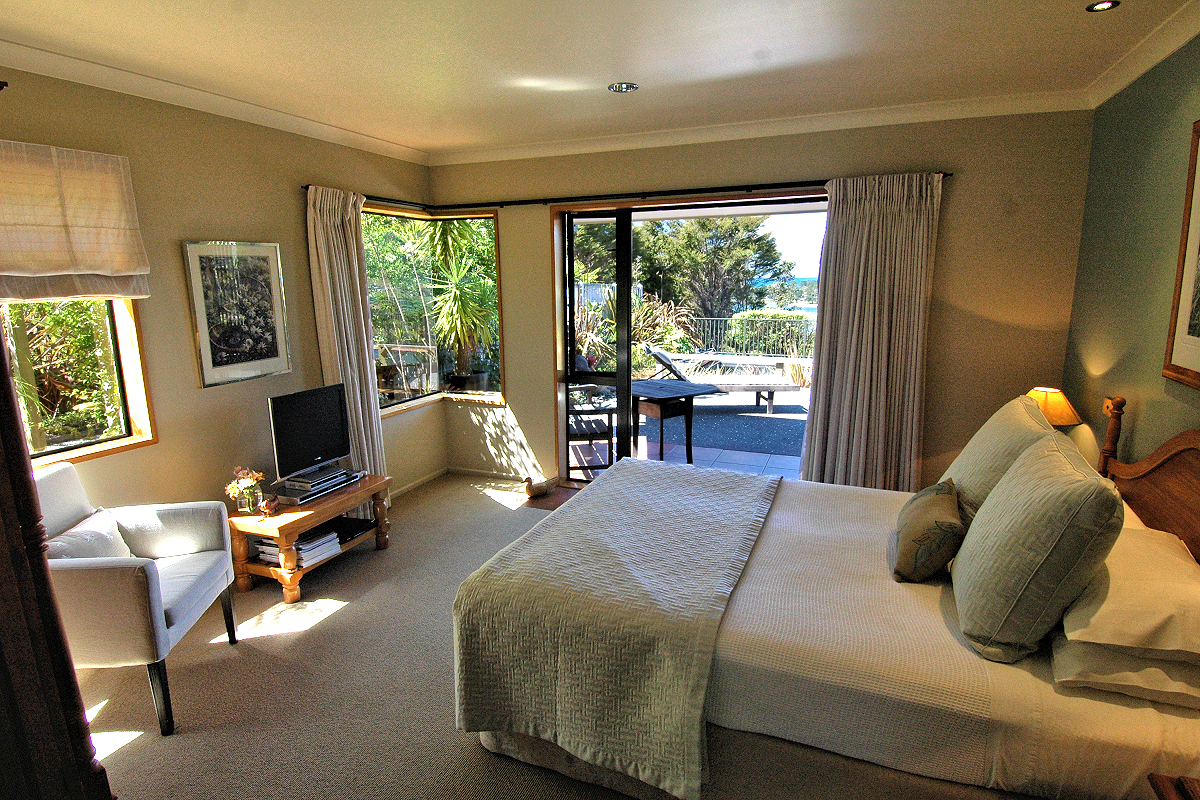 Coromandel: Tairua Boutique Inn — Double Bedroom with Sun Terrace. Photo © Home At First.