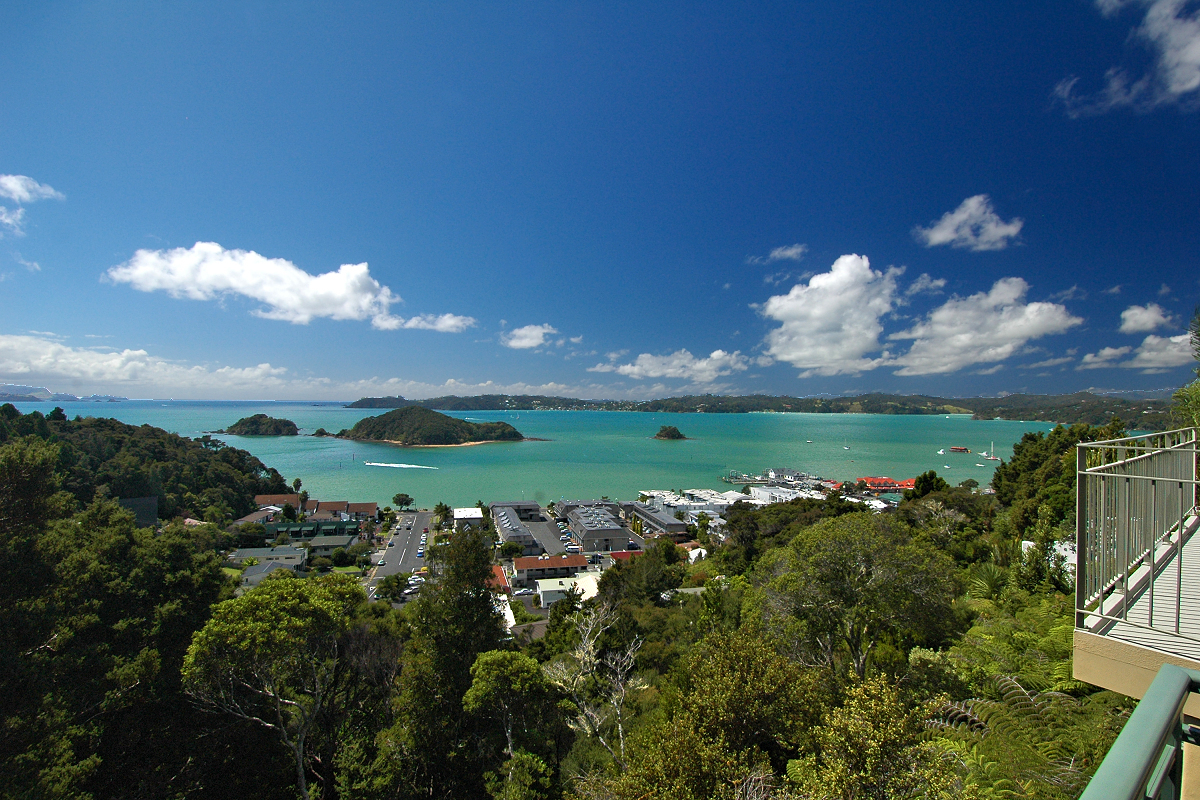 Northland: Furnished Deck view of Bay of Islands. Photo © Home At First, creators of Independent Fly/Drive New Zealand Travel.