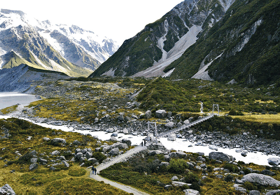 Mackenzie Country - Hooker Valley Track swing bridge - Mt Cook NP. Photo credit NZ Tourism.