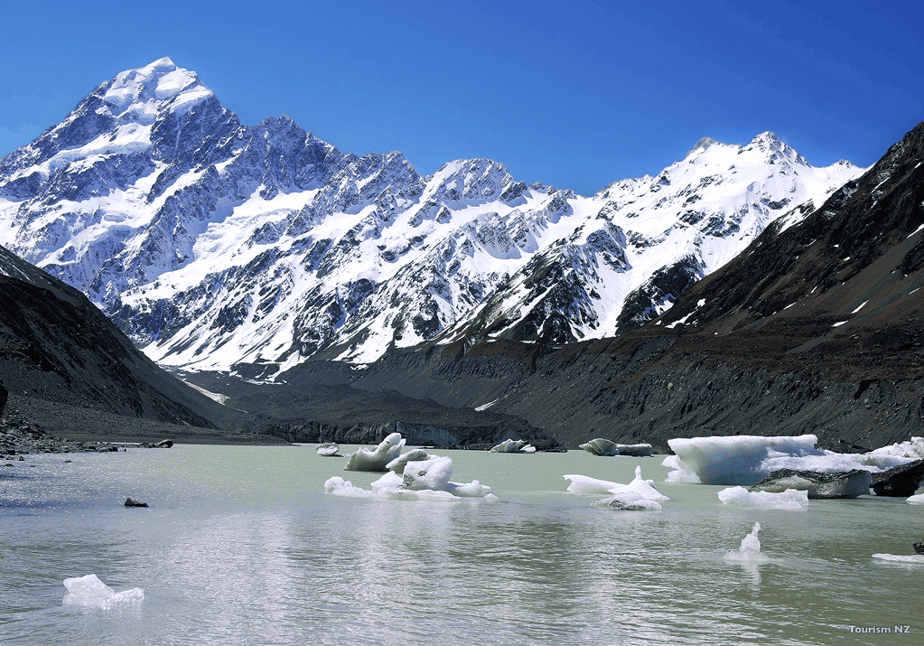 Mackenzie Country - Mt Cook from Hooker Glacier Lake. Photo credit Tourism NZ.