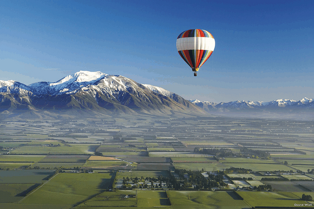 East Coast: Balloon over Canterbury Plain. NZ Tourism Photo.