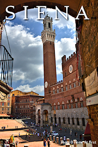 Siena's main Piazza del Campo from archway. Photo © Home At First. Siena's main Piazza del Campo from archway. The city's famed twice-annual Palio horse races are held here each summer. Photo © Home At First.