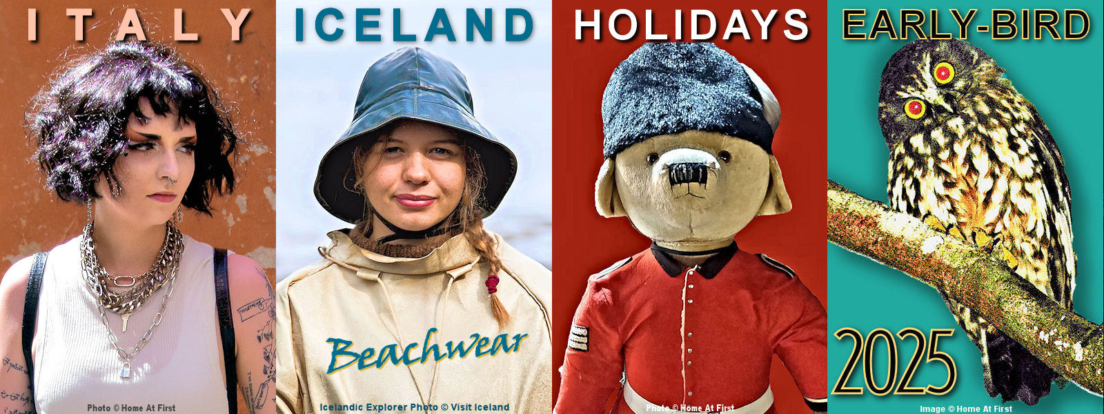 Current Featured Travel Bargains for ITALY; ICELAND; THE HOLIDAYS; 2025 EARLY-BIRD SPECIAL. Composite image © Home At First. Current Featured Travel Bargains for ITALY; ICELAND; THE HOLIDAYS; 2025 EARLY-BIRD SPECIAL. Composite image © Home At First.